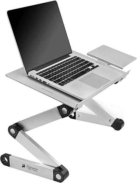 Executive Office Solutions Escritorio portátil de aluminio ajustable para laptop, soporte, mesa ventilada con ventiladores de CPU, soporte lateral, portátil, MacBook, bandeja de regazo ergonómica ligera para TV, soporte de pie o sentado, plateado